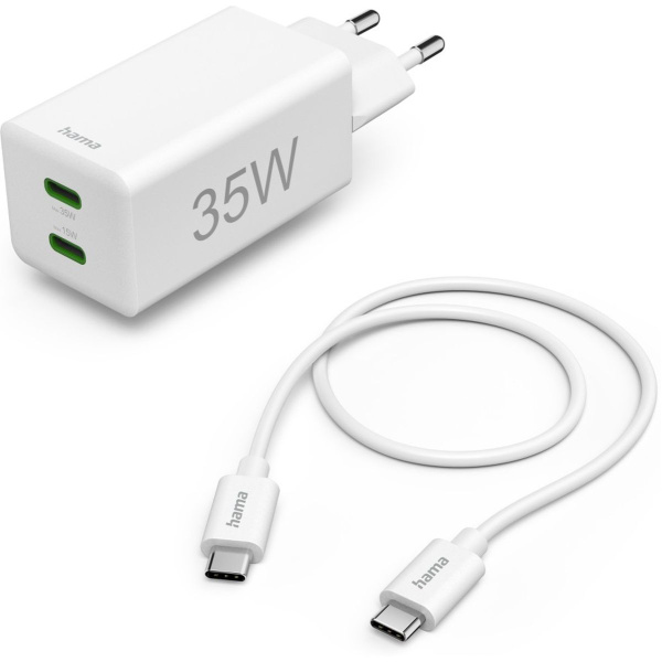 Hama Fast Charger + USB-C Cable 2X USB-C PD/QC Mini-Charger 35W 1 M White
