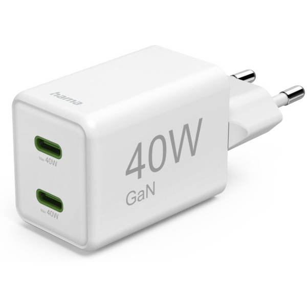 Hama Fast Charger Gan 2X USB-C Super-Mini-Charger PD 40 W White