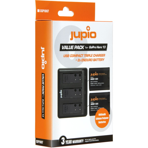 Jupio Value Pk 2X Enduro Battery GoPro HERO 131900mAh + Compact USB Triple Charg
