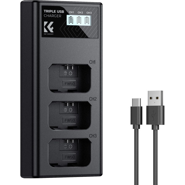 K&F Concept NP-FW50 Triple Battery-Charger USB-C Display